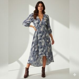 Express Navy White Puff Sleeve Midi Dress L